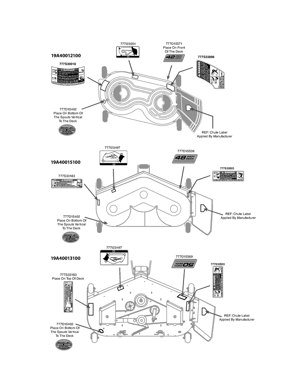 Label Map - Deck Labels Diagram and Parts List for 19A40013 (50Inch-100)(2011) Cub Cadet Lawn Tractor